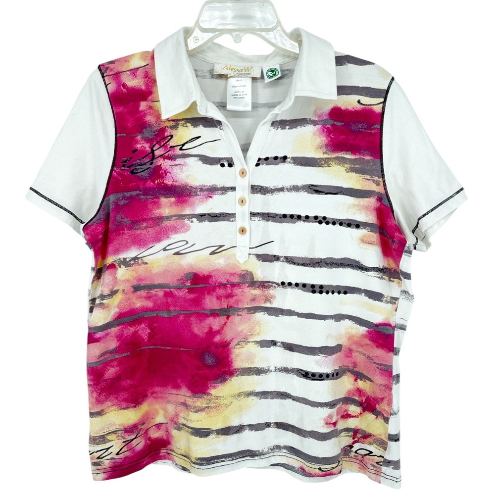 Abstract Striped Polo Shirt Women Size 14 Pink White Artistic Print Casual Top